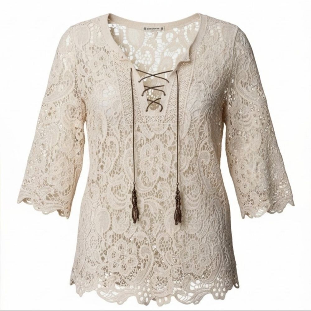 Ruff Hewn Bohemian Ivory Floral Lace Crochet Top with Cord Ties size P Medium